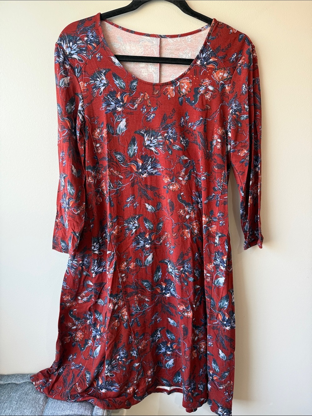 Garnet Hill Rust Red Blue Floral Scoop-Neck Fall Dress Tencel small